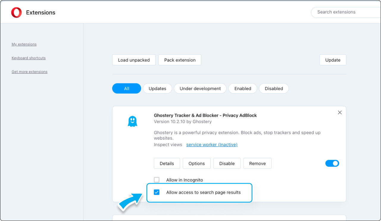 Image displays where to allow access to Ghostery extension to block ads on search results pages