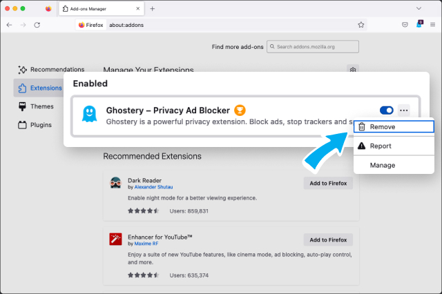 Firefox about: add-ons displays installed extension highlighted with