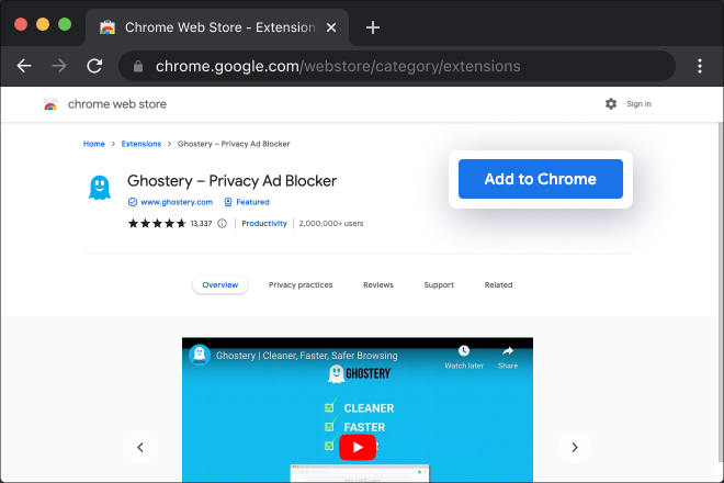 Chrome Web Extensions Store in Chrome Browser with Ghostery Browser Extension page open, Button