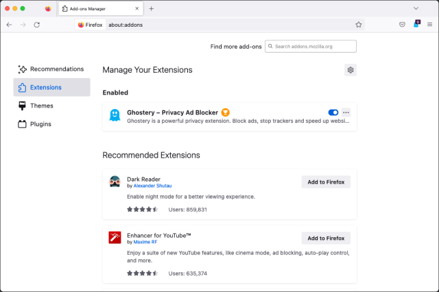 list of extensions installed and recommended